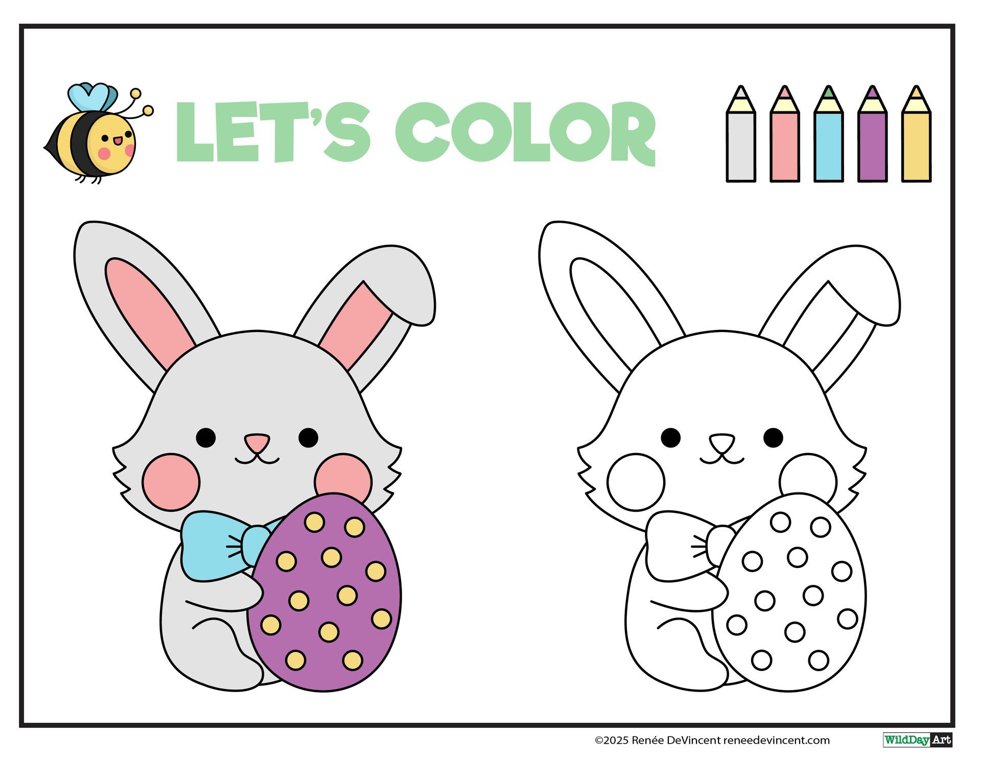 Coloring page: Bunny holding decorated Easter egg, with example colors at top.