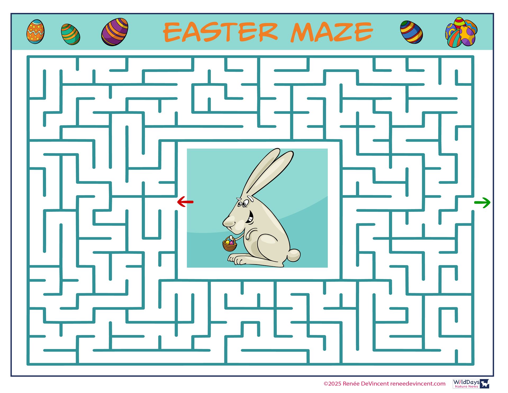 Easter maze with a rabbit holding an egg in the center. Start and end points indicated with arrows.