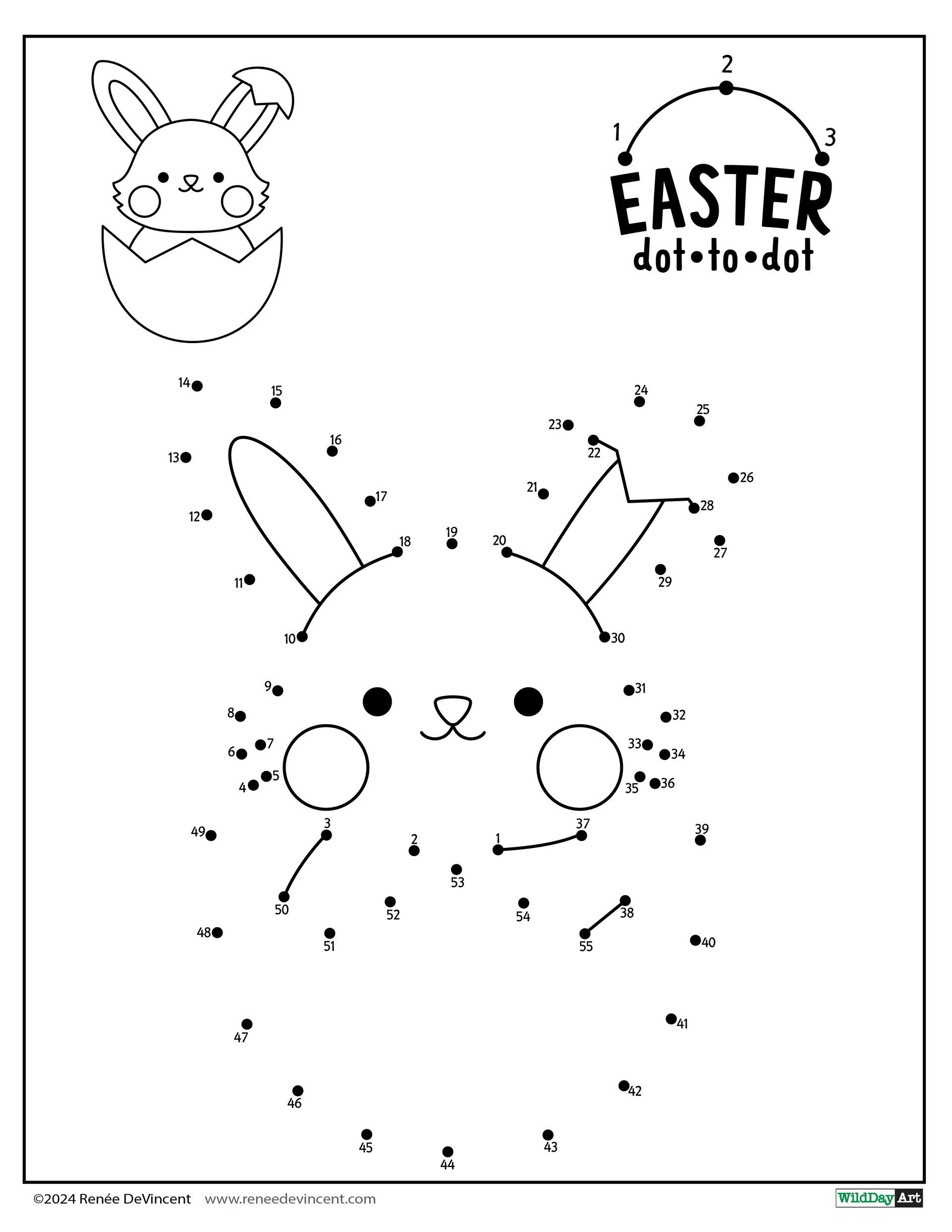 Easter bunny dot-to-dot puzzle. Bunny emerging from egg, dots numbered 1-20.