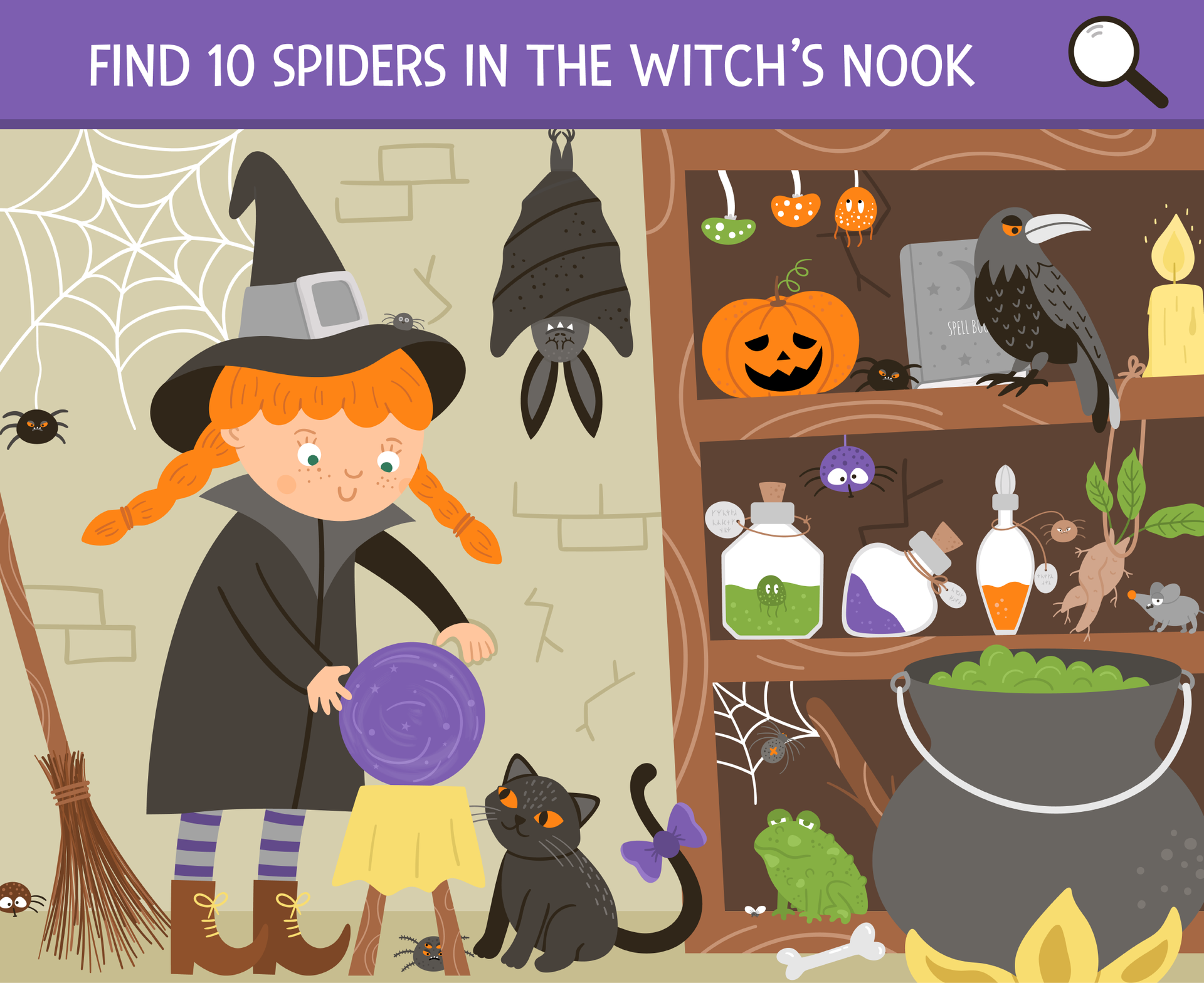 A witch's nook scene with a girl, black cat, and items. Find the 10 hidden spiders.