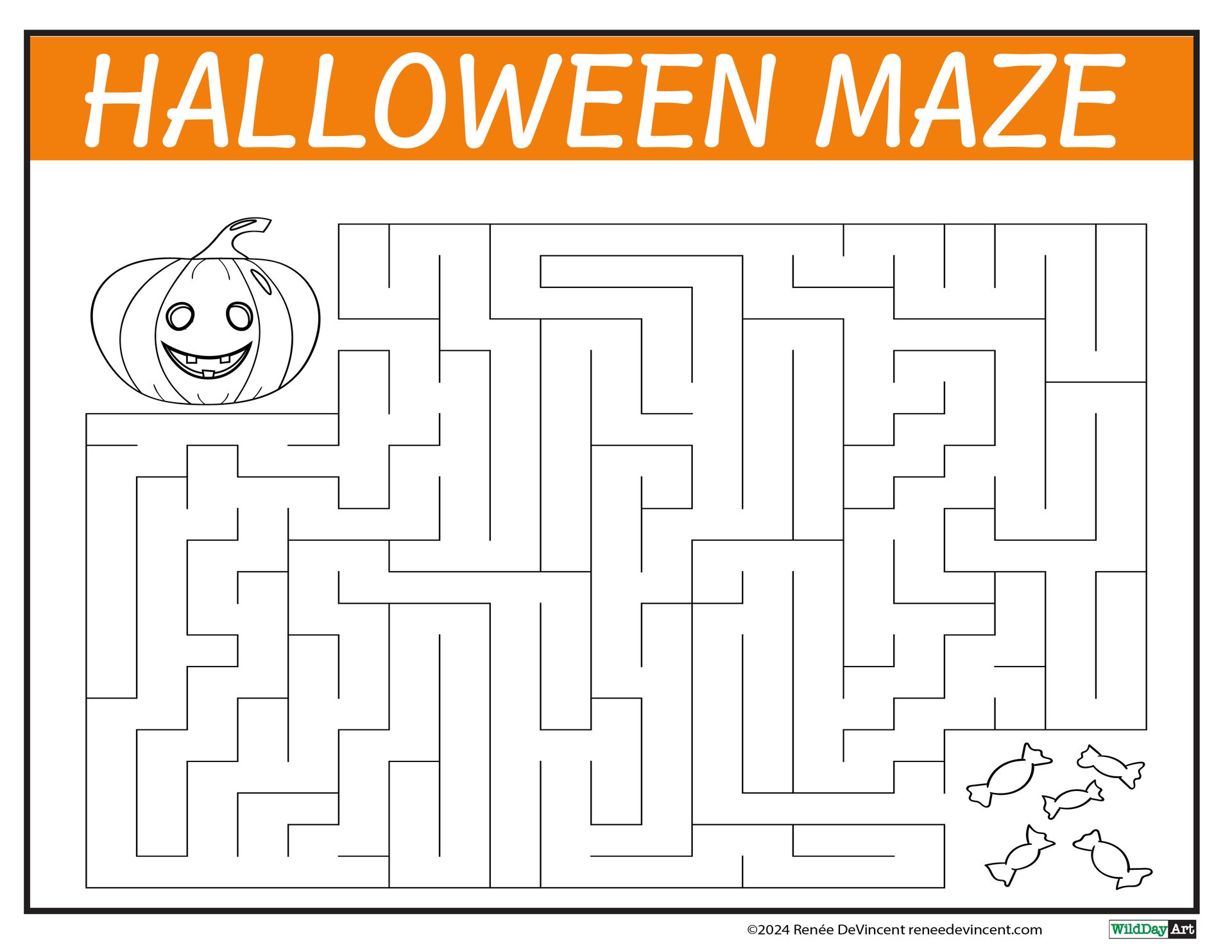Halloween maze with pumpkin and candy illustrations.
