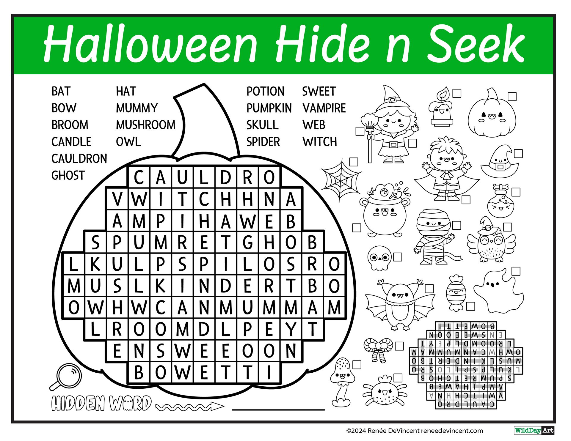 Halloween word search puzzle with a pumpkin shape, spooky illustrations, and a word list.