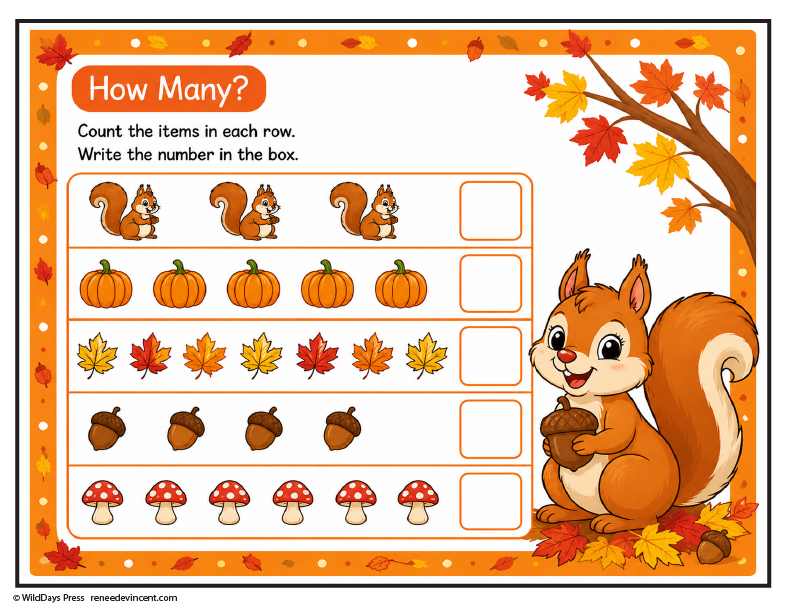 Autumn counting worksheet with rows of squirrels, pumpkins, leaves, acorns, and mushrooms beside a cartoon squirrel.