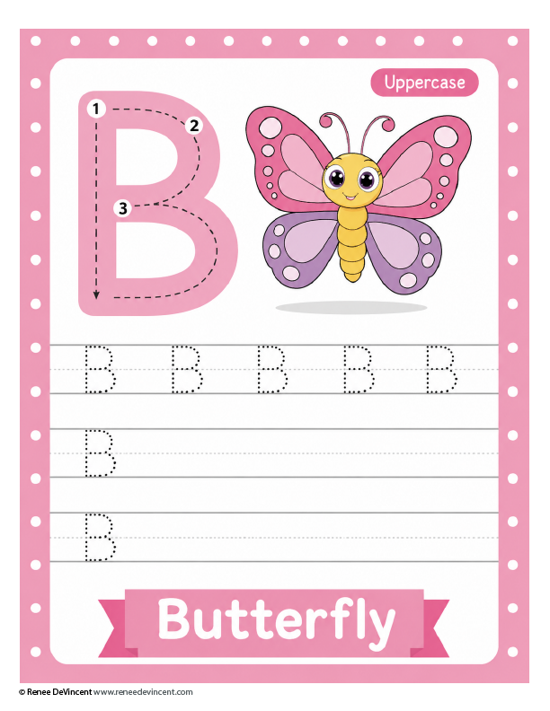 Butterfly uppercase B tracing worksheet with pink border and butterfly illustration