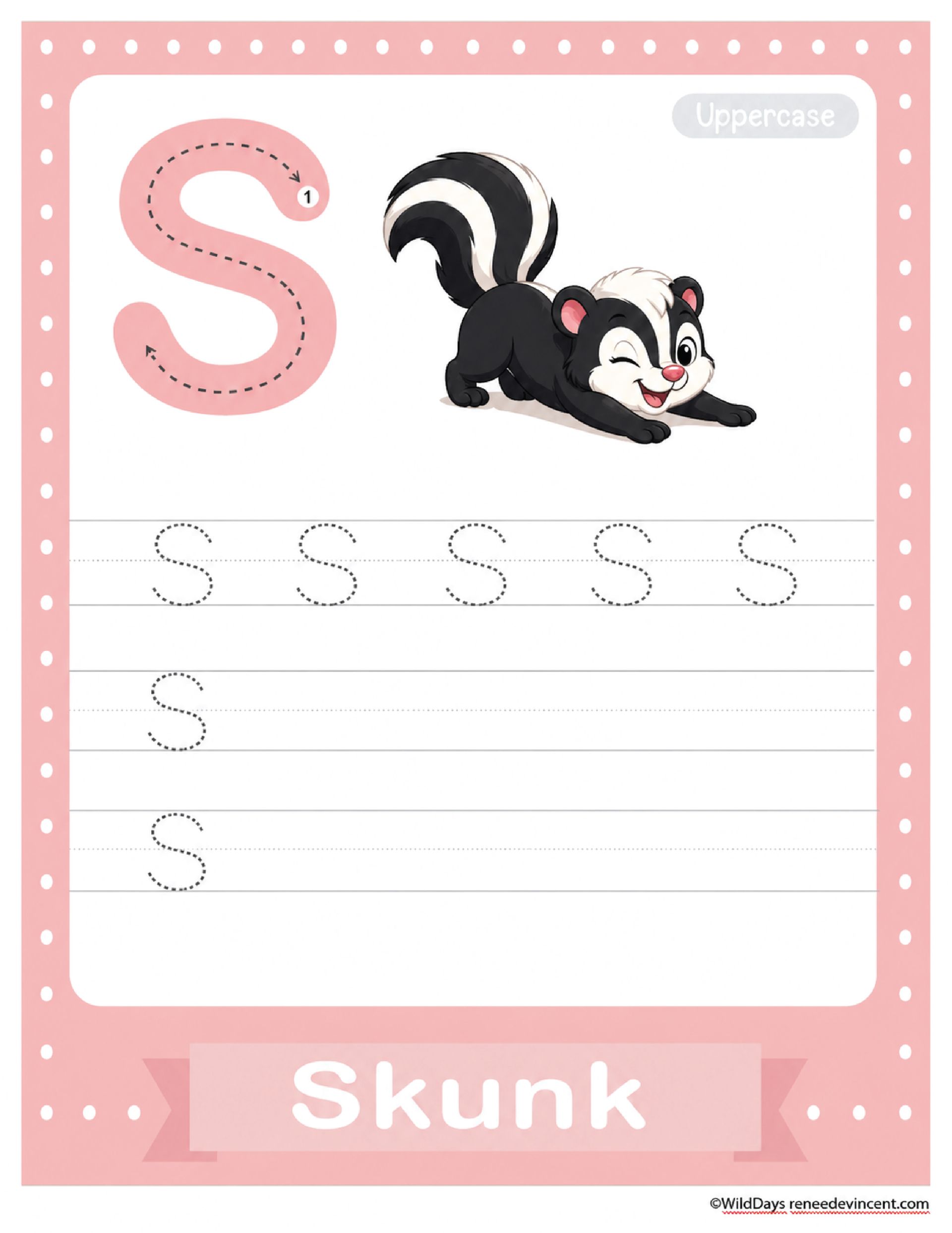 Pink alphabet worksheet with a skunk illustration and the letter S for tracing