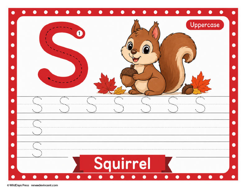 Uppercase S tracing worksheet with squirrel, red border, and autumn leaves