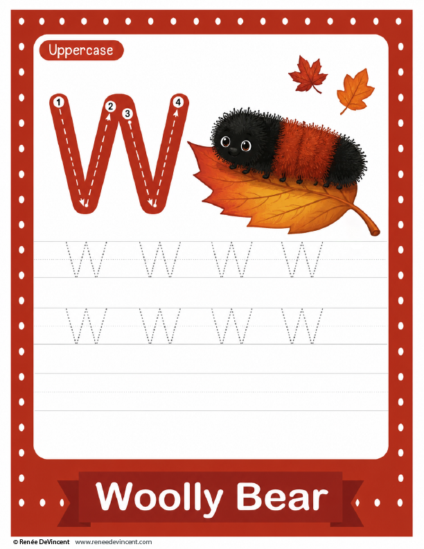 Uppercase W worksheet with a woolly bear caterpillar on an autumn leaf