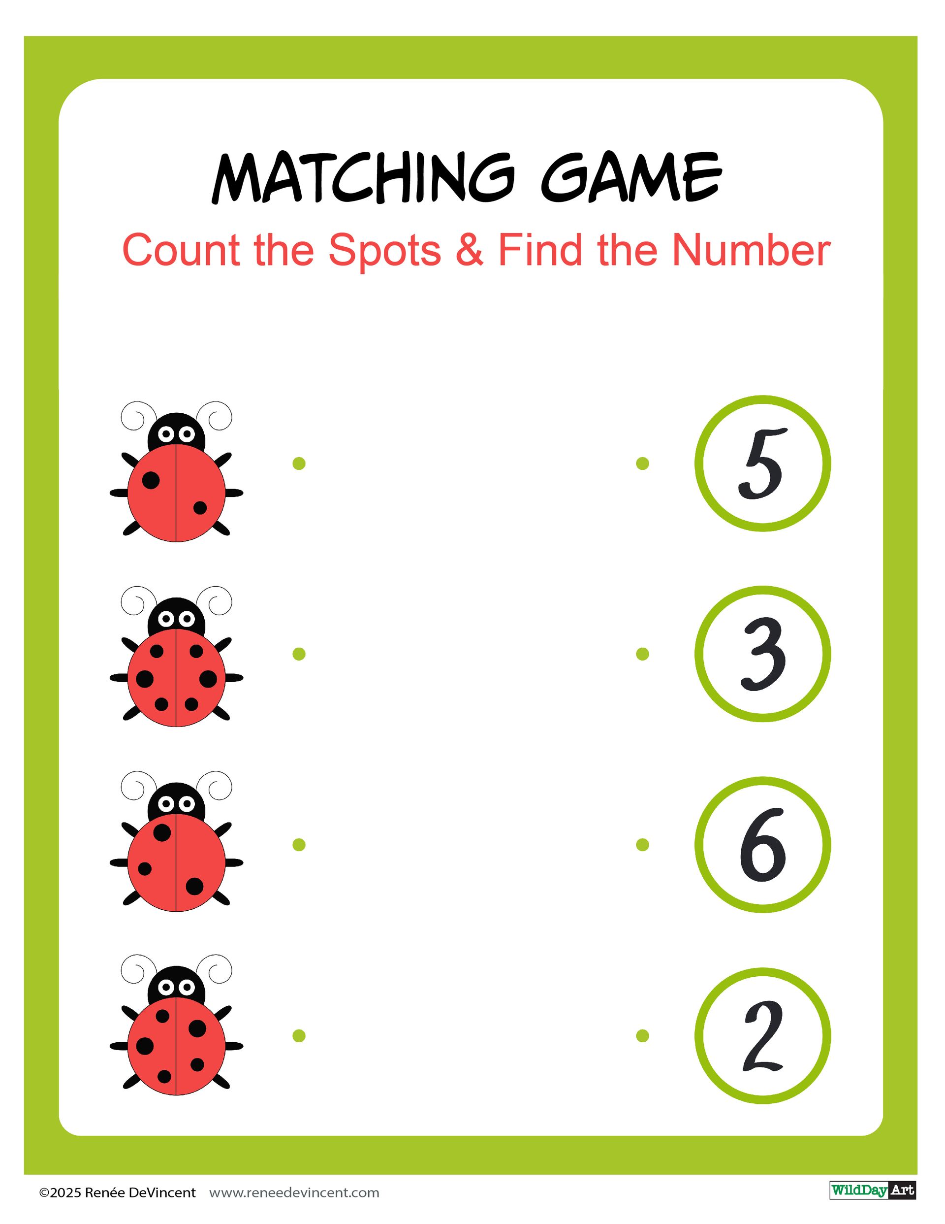 Matching game: Count the spots on ladybugs and match to number. Ladybugs are red, numbers in green circles.