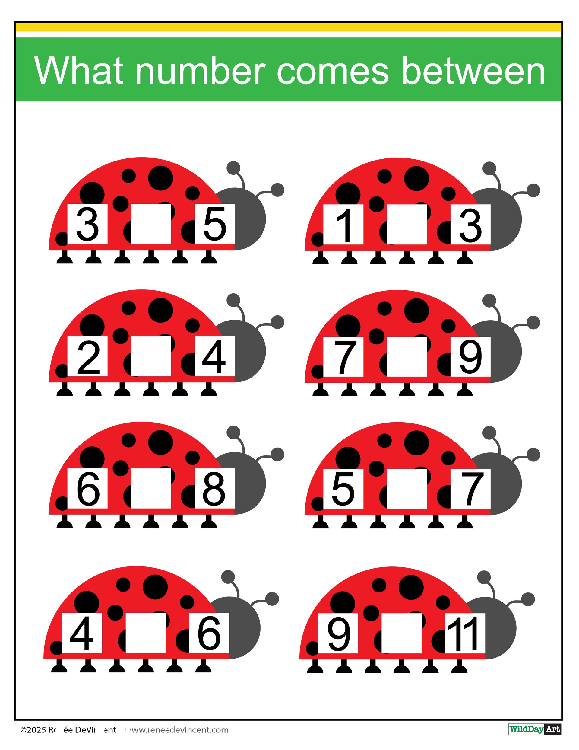 Ladybug math worksheet: find the missing number between the given numbers.