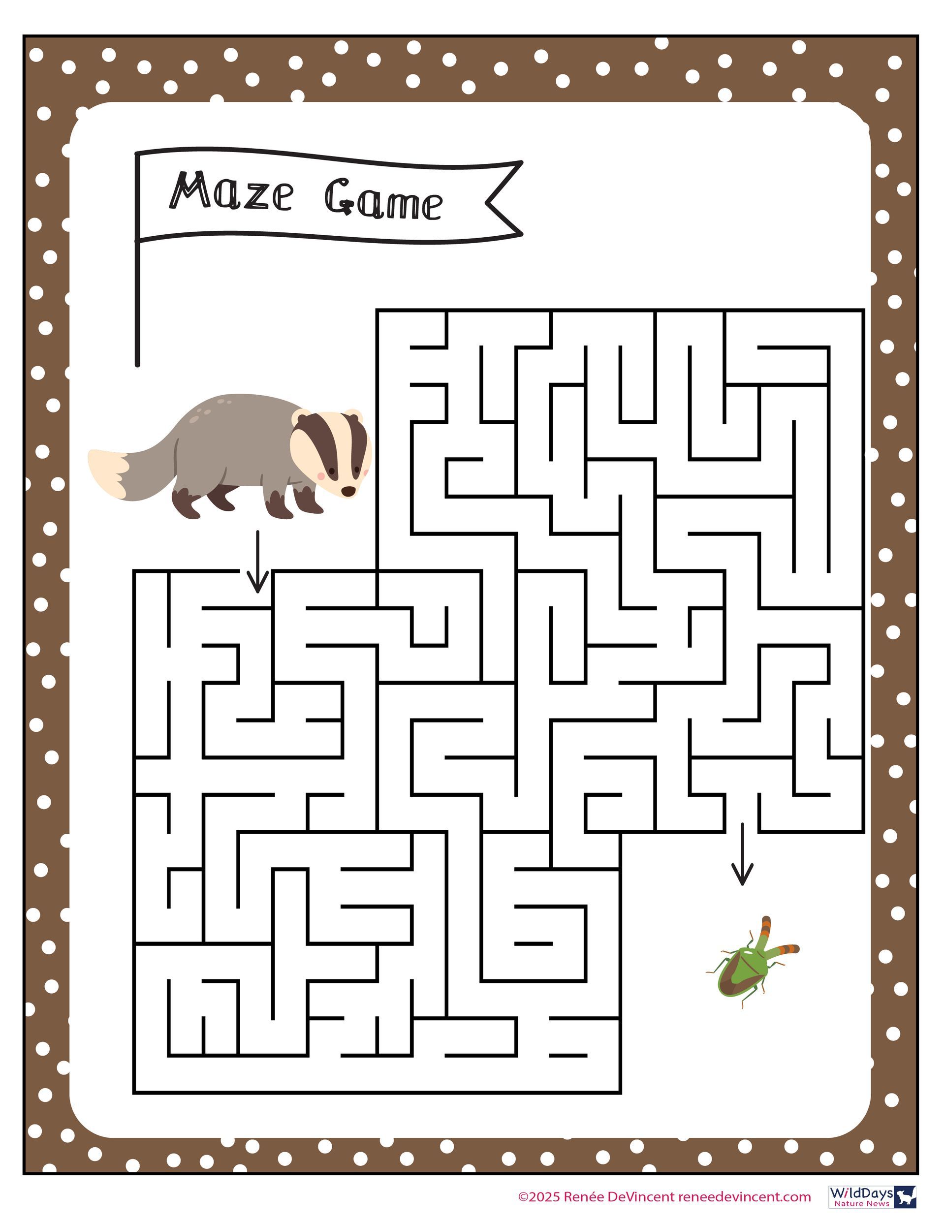 Maze game featuring a badger seeking a green insect, with a flag that says 