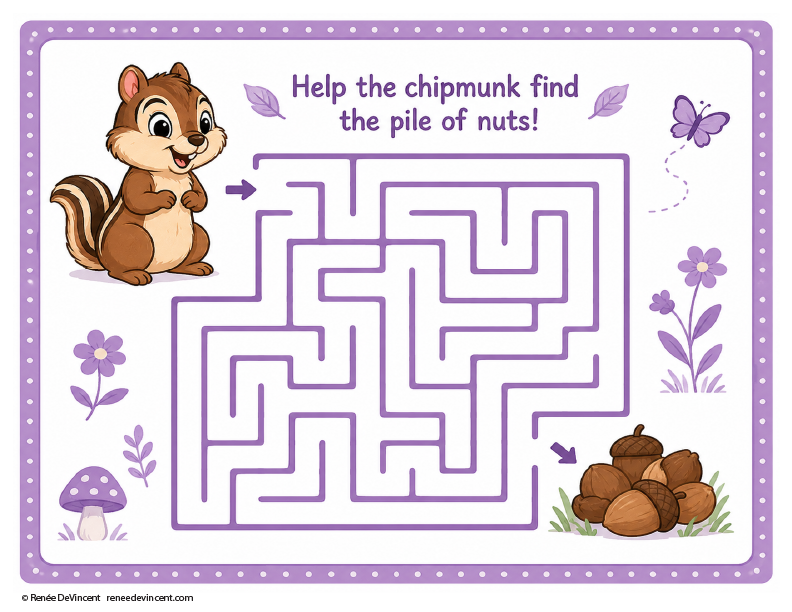 Chipmunk beside a purple maze, with nuts at the end and text: “Help the chipmunk find the pile of nuts!”