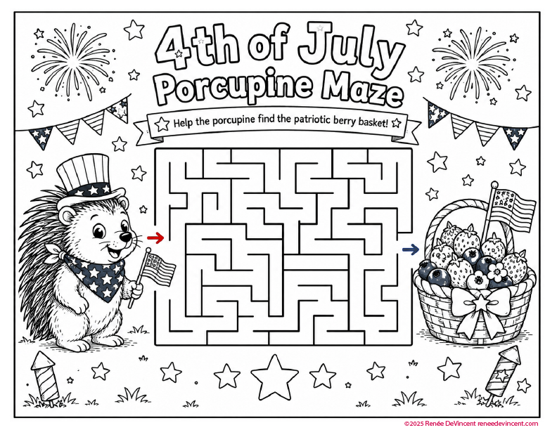 4th of July porcupine maze worksheet with stars, fireworks, and patriotic porcupines in a basket and scarf.