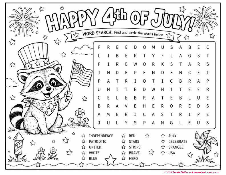 4th of July word search with patriotic racoon, fireworks, stars, and American flag decorations