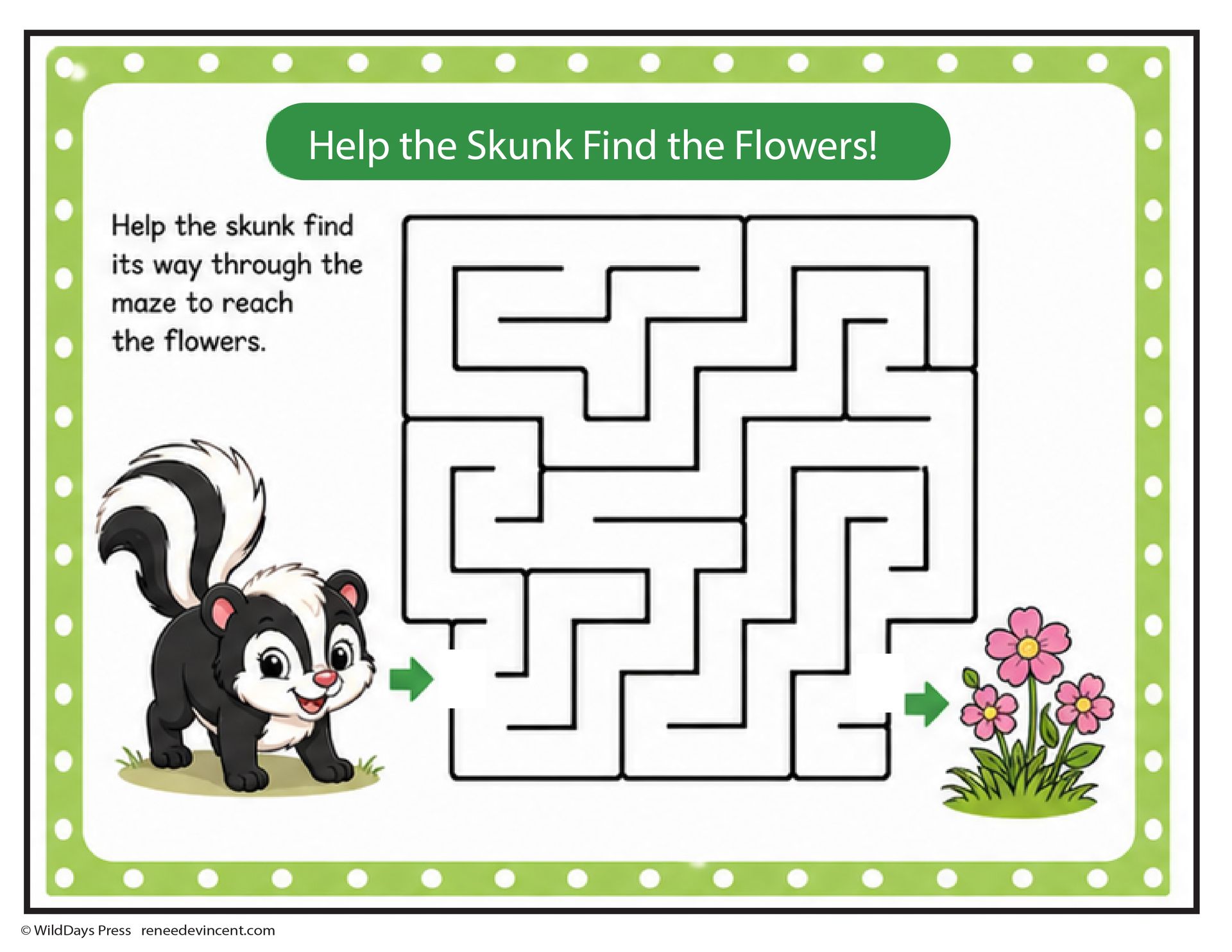Skunk maze worksheet with a skunk, flower goal, and green border to guide the path.