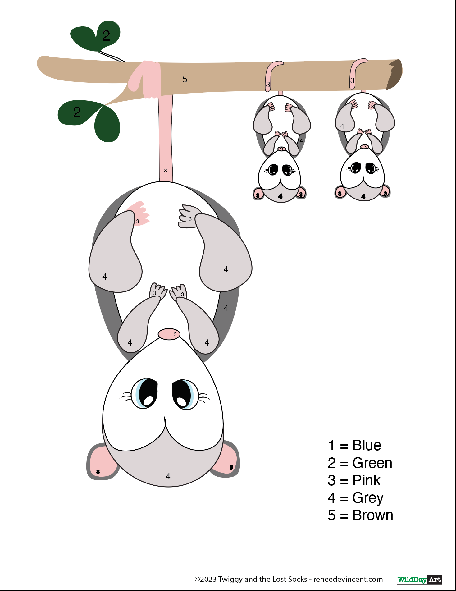 Opossum hanging upside down from a tree branch, with two other opossums. Color-coded key below.