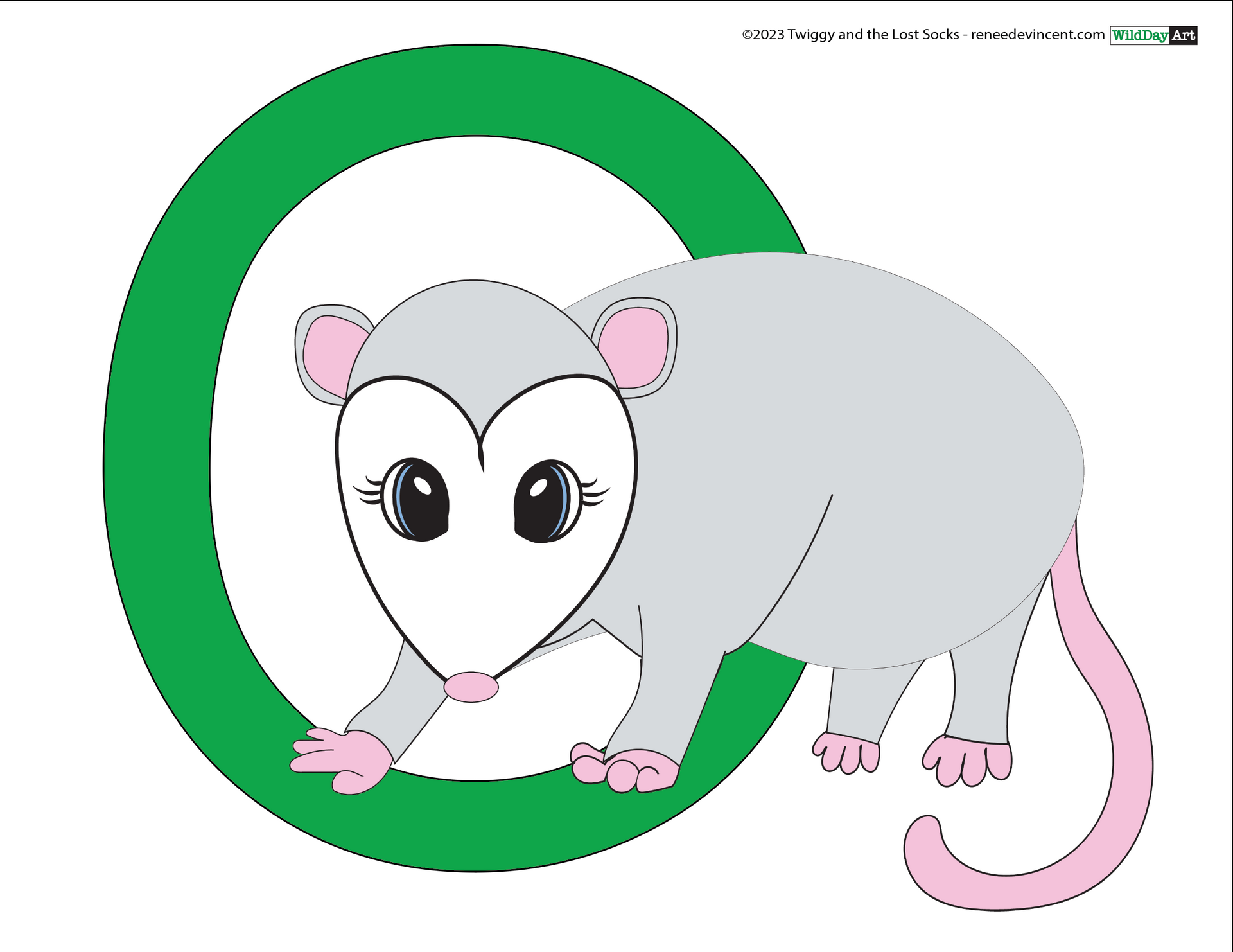 Cartoon opossum next to green letter O; opossum is gray with pink nose, feet, and tail.