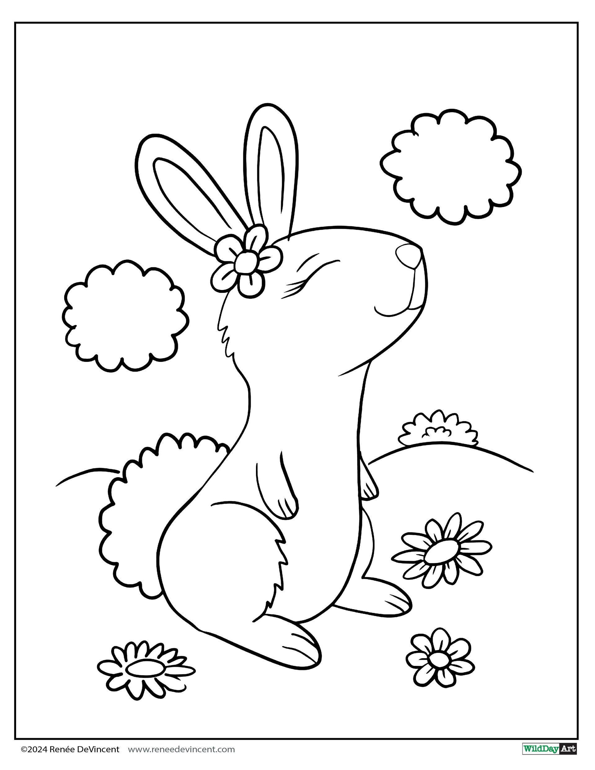 Bunny with closed eyes and flower, surrounded by flowers and clouds.