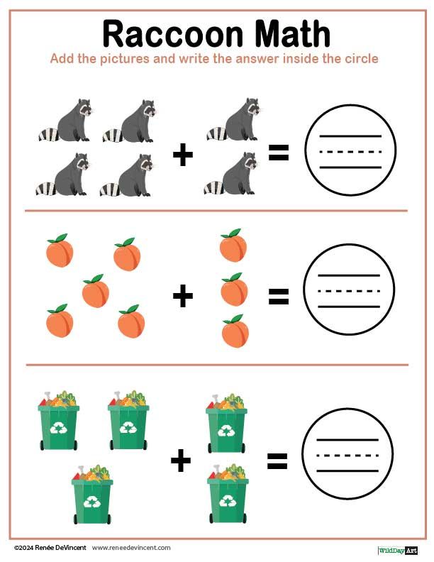 Math worksheet with raccoon, peach, and trash can addition problems. Write answers in circles.