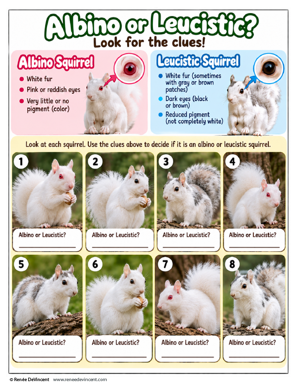 Infographic comparing albino vs leucistic squirrels with four clues and eight labeled squirrel photos