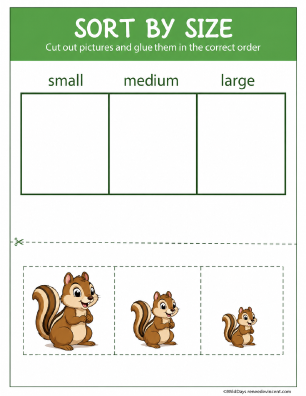 Sort by size worksheet with three squirrels labeled small, medium, and large.