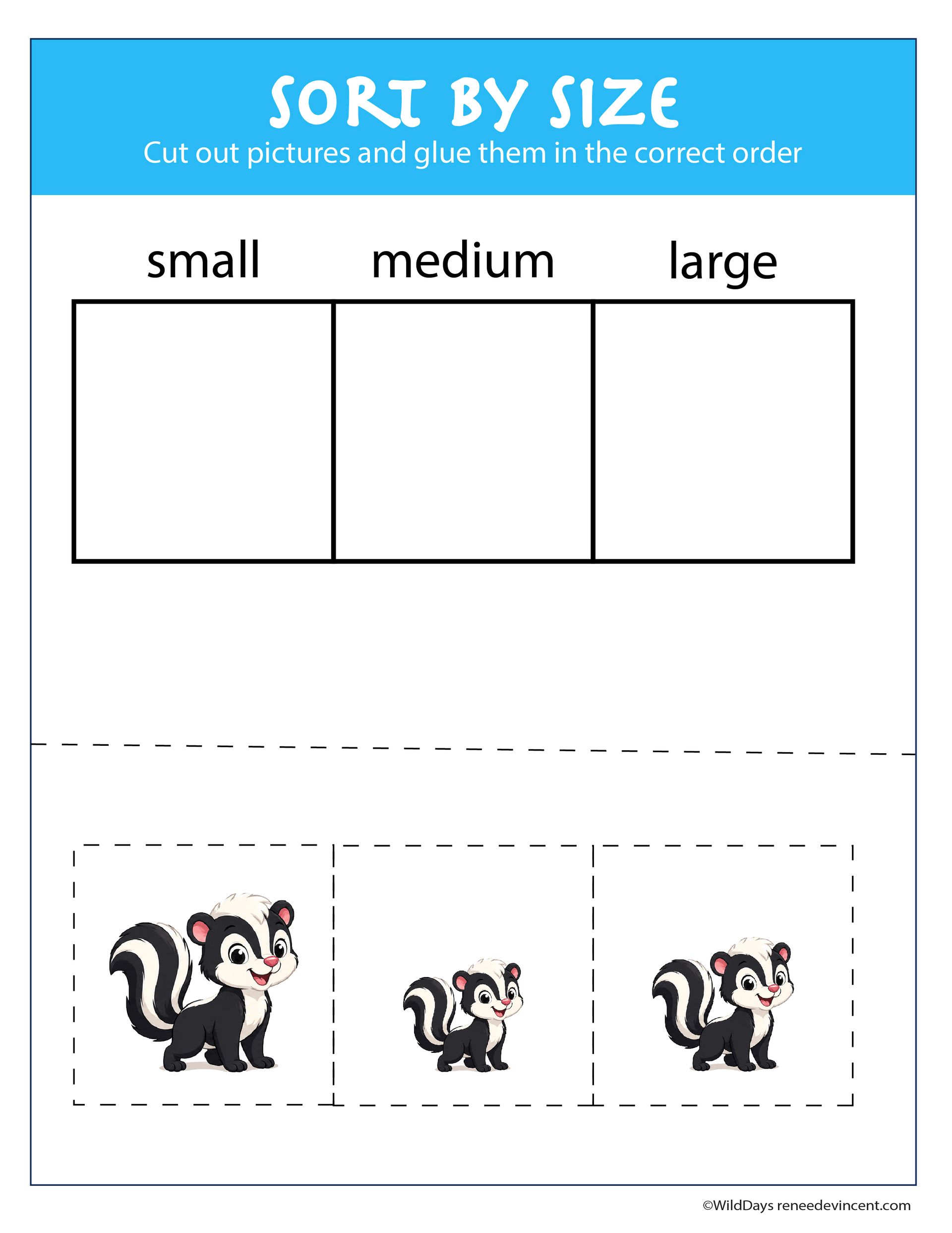 Sort by size activity. Students sort beaver images into small, medium, and large categories.