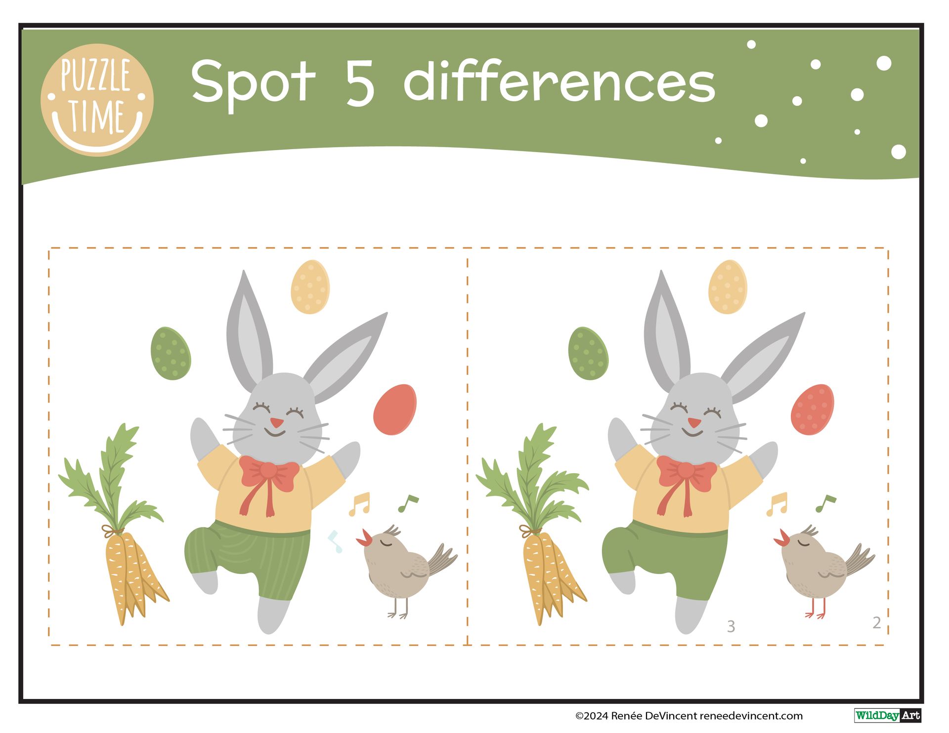 Easter-themed spot the difference. Two nearly identical drawings of a rabbit, eggs, carrots, and birds.