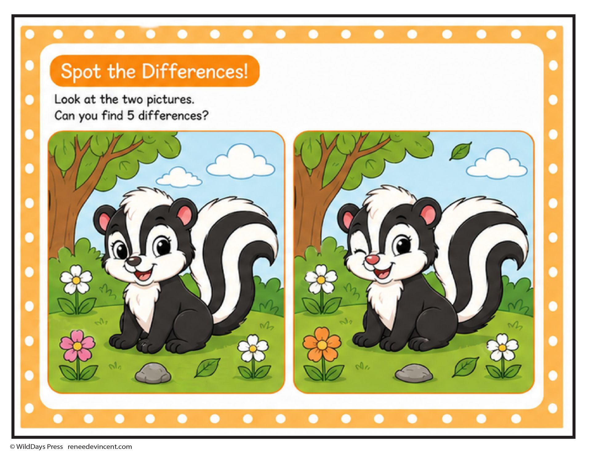 Spot-the-difference worksheet with two cartoon skunk scenes in a grassy garden.