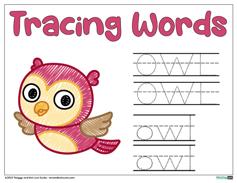 Tracing worksheet: cartoon owl next to word 