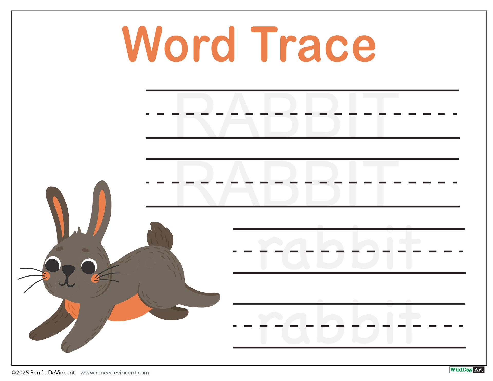Word tracing worksheet: rabbit, with a cartoon rabbit illustration and dotted lines to trace the word.