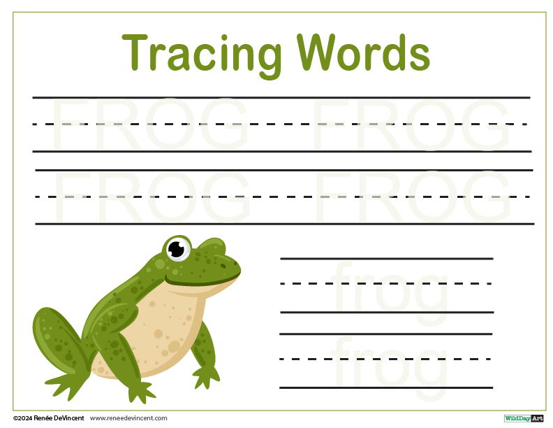 Tracing worksheet with a green frog and word 