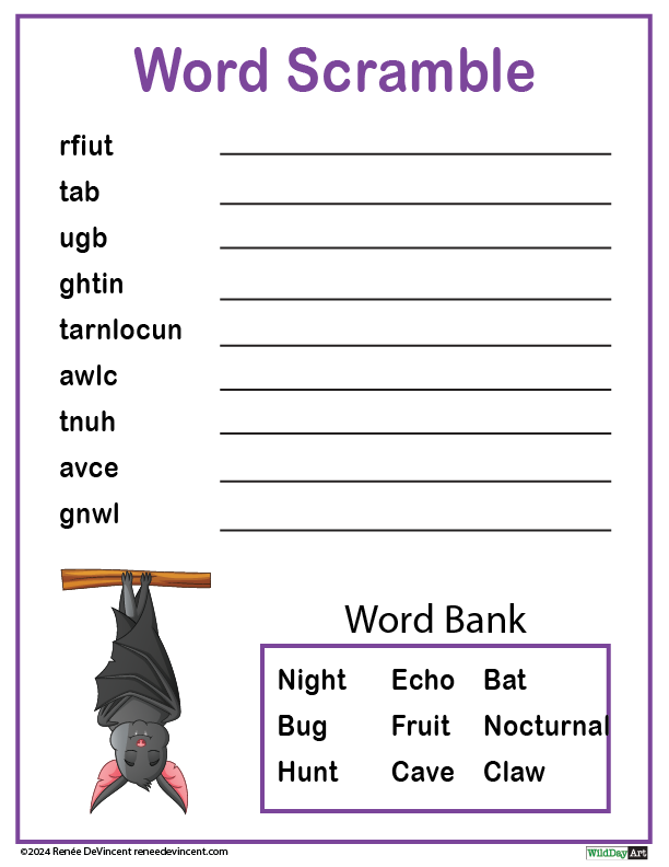 Word scramble puzzle with a bat illustration and word bank.