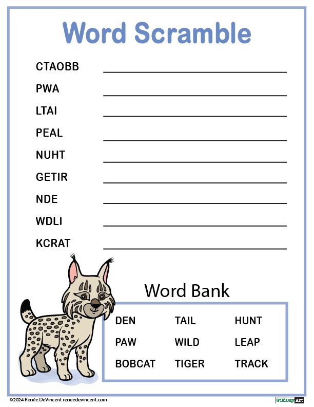 Word scramble puzzle with a bobcat image and a word bank.