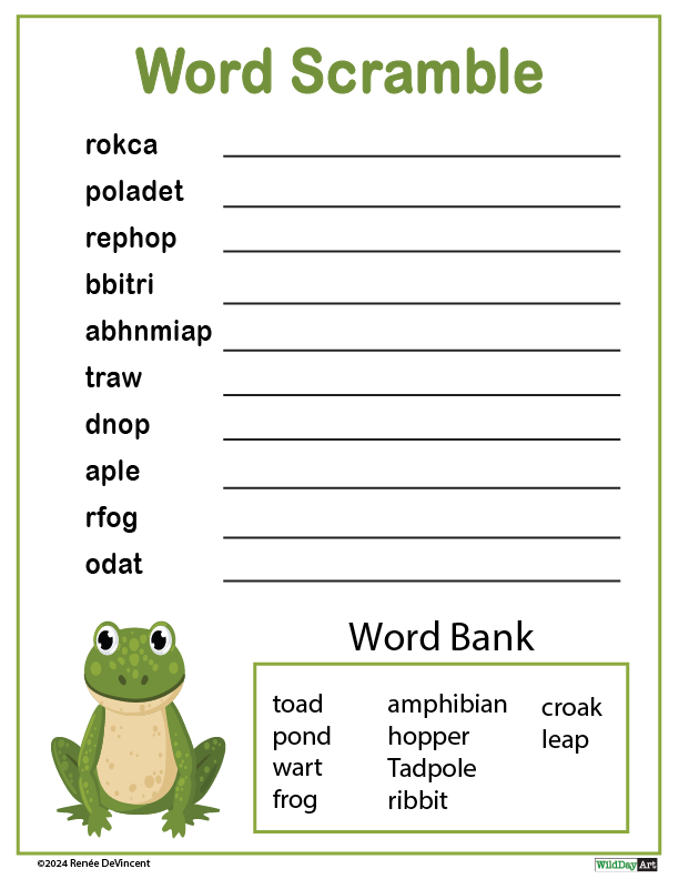 Word scramble puzzle featuring a frog, with scrambled words related to frogs, and a word bank.