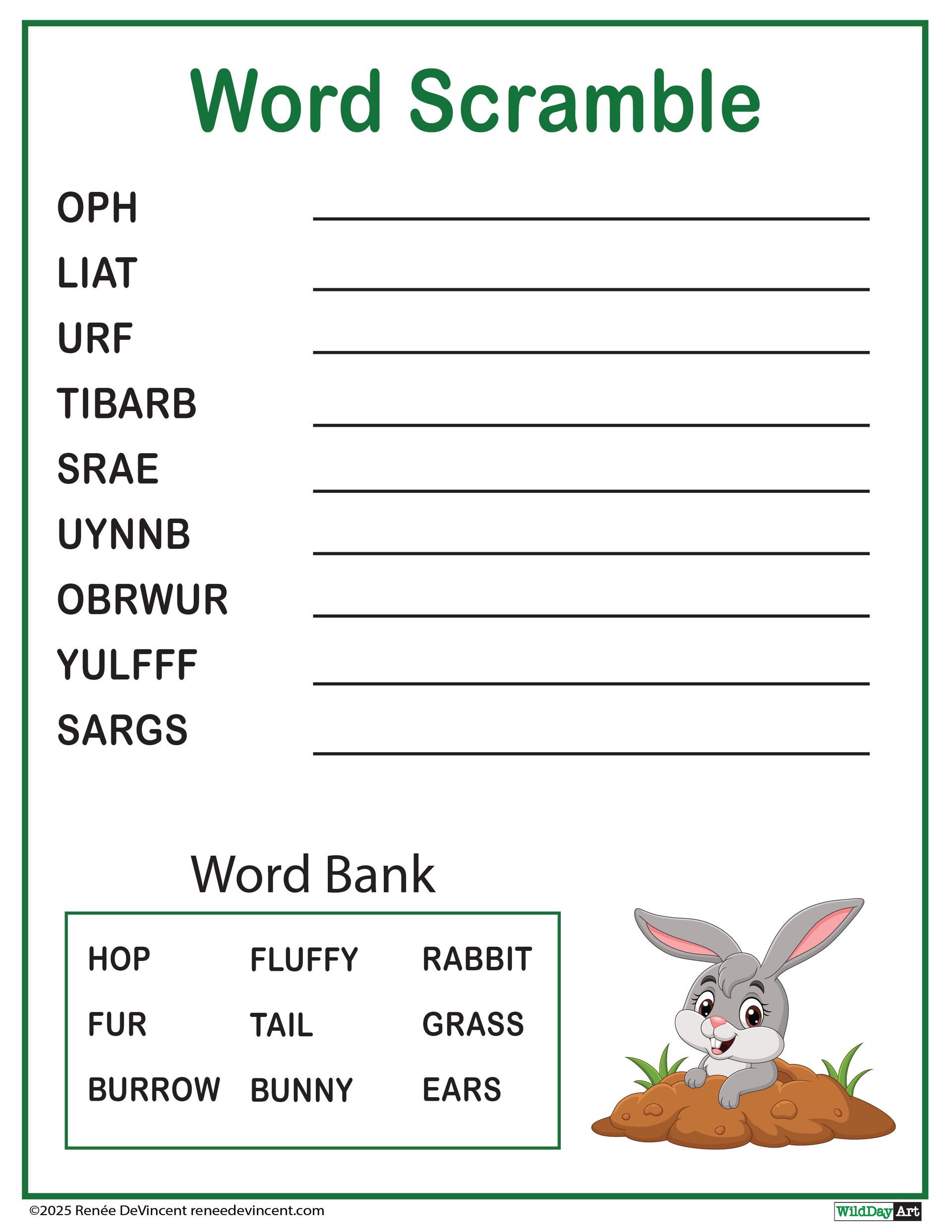 Word scramble worksheet featuring scrambled words and a word bank related to bunnies.