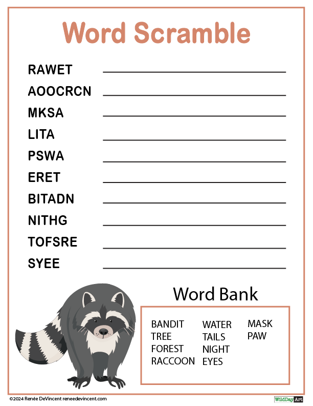 Word scramble about raccoons