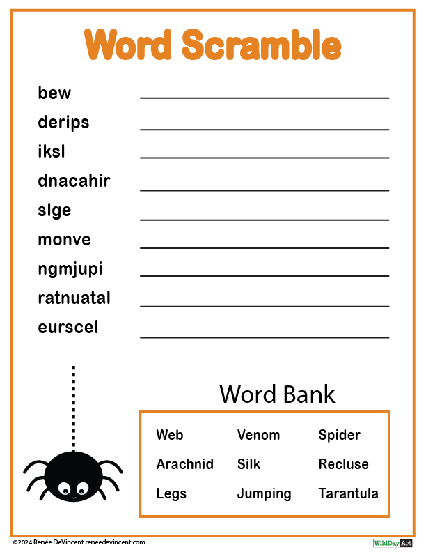 Word scramble puzzle with spider graphic. Unscramble words from a word bank with a spider theme.