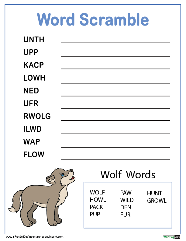 Word scramble with scrambled wolf-related words and an illustration of a wolf pup howling.
