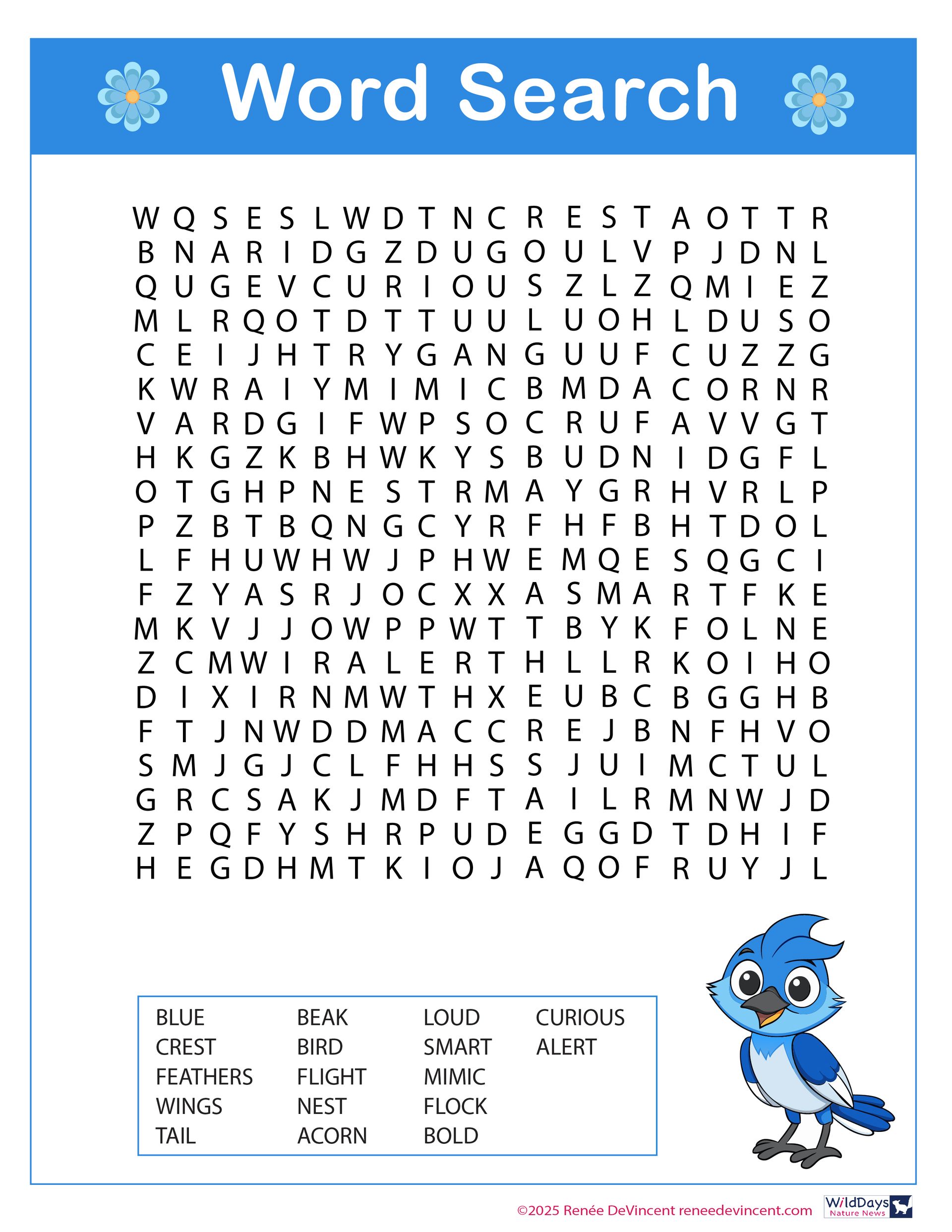 Word search puzzle with bluebird, find words related to birds in a blue box.