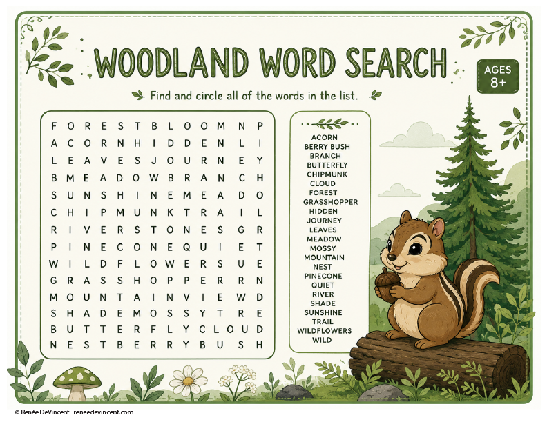 Woodland word search worksheet with forest animals and a cartoon chipmunk by pine trees