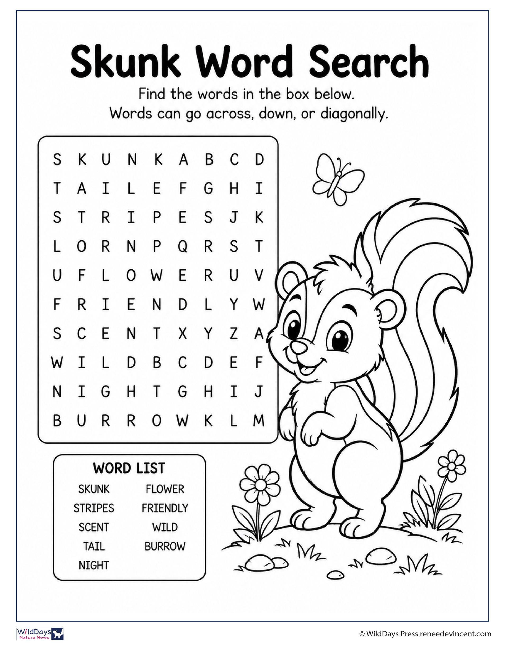 Skunk word search worksheet with a cartoon skunk and a word list to find hidden words