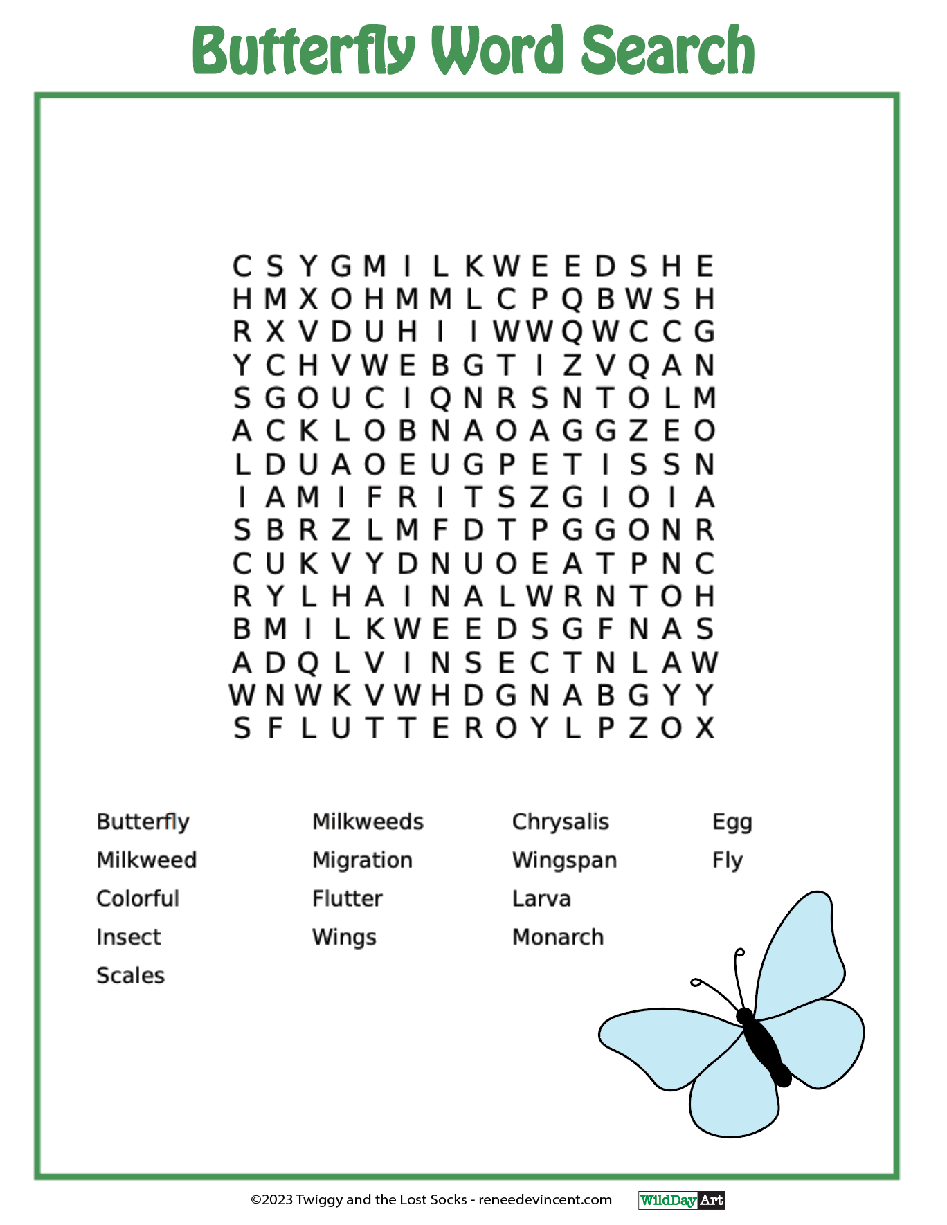 Butterfly word search puzzle with butterfly words and a blue butterfly illustration at bottom right