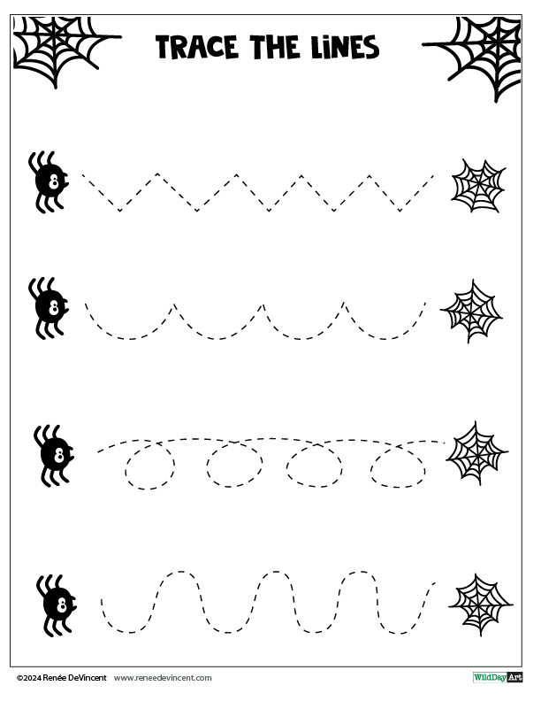 Halloween tracing worksheet with spiders and spiderwebs.