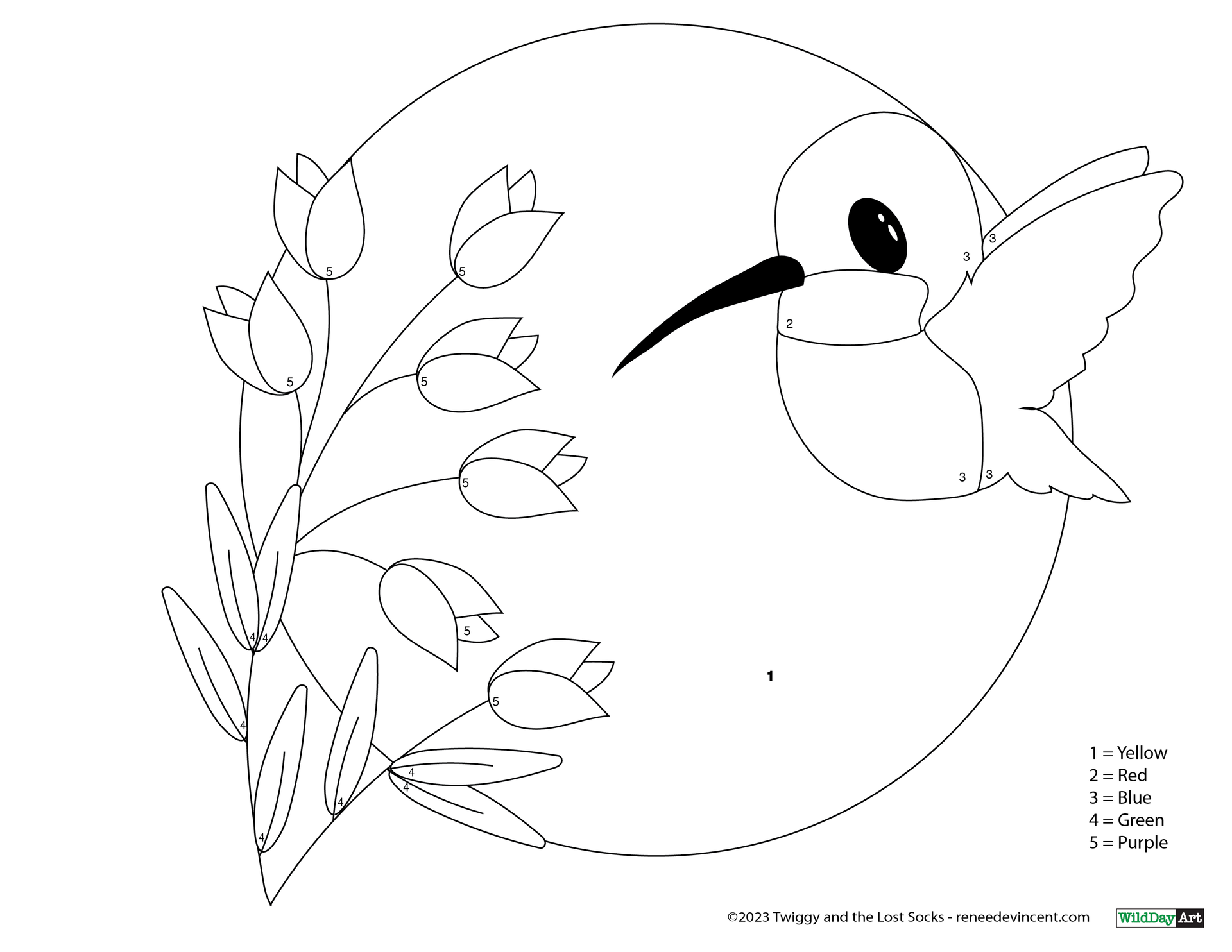 Coloring page: hummingbird and tulips within a circle, numbered for color by number instructions.