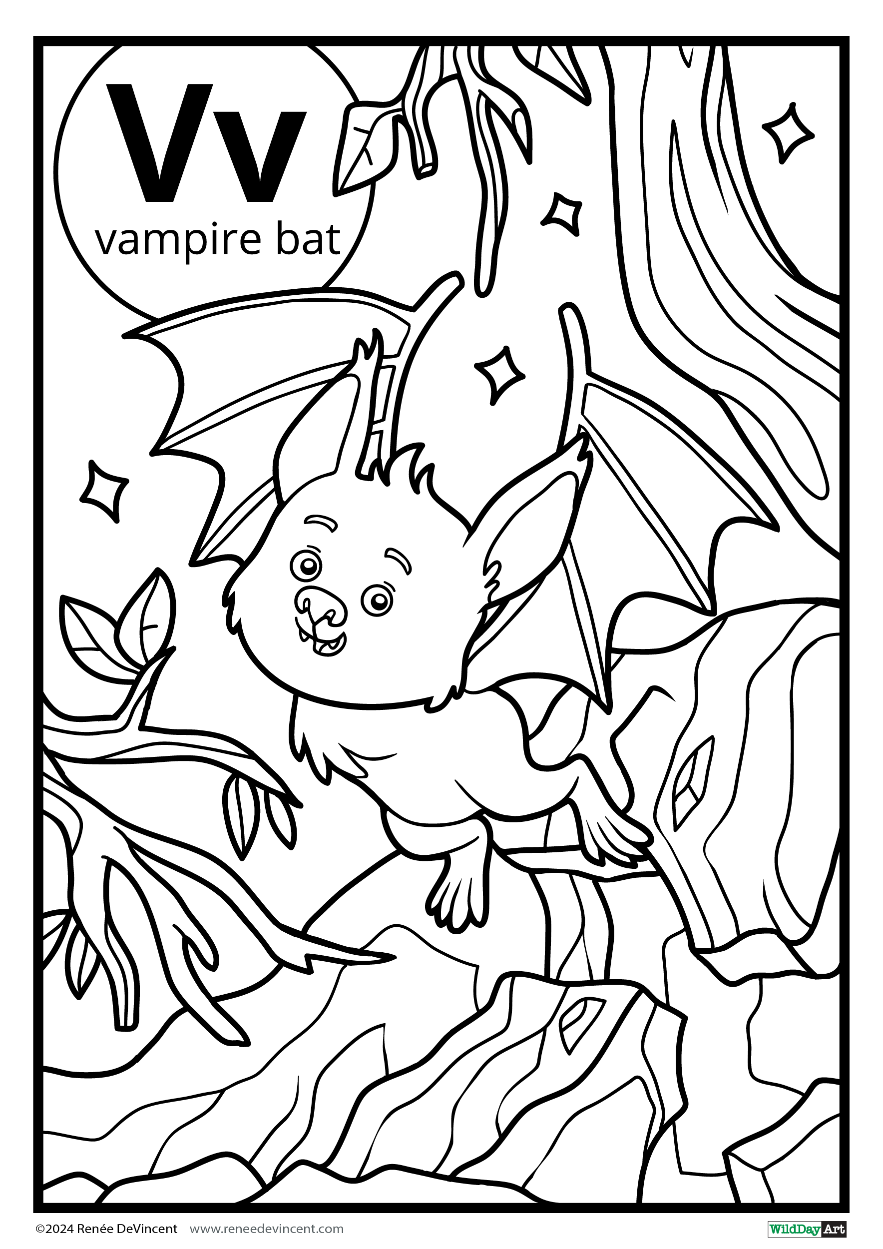 Coloring page of a vampire bat perched on rocks in a forest, with the letter 