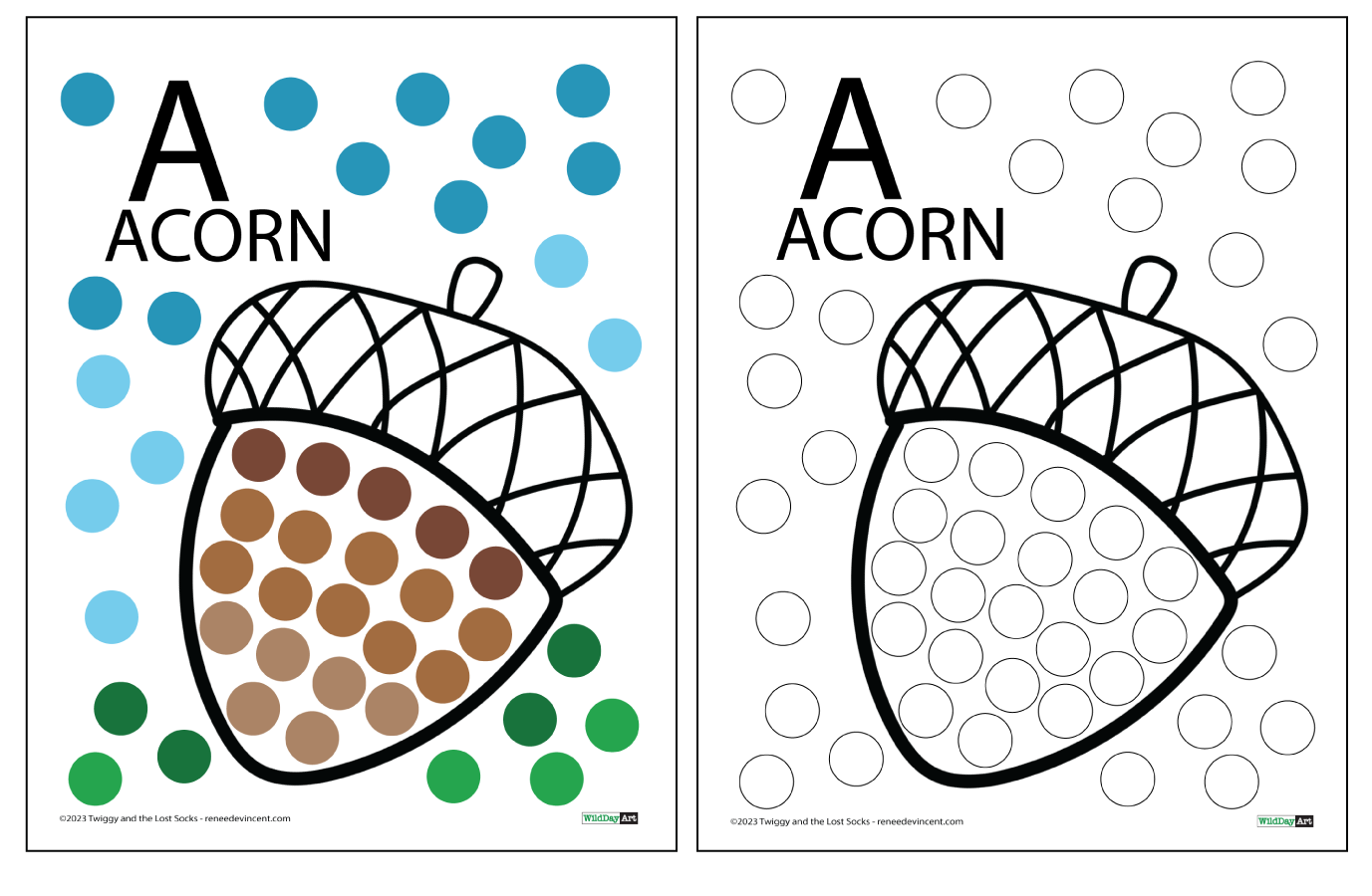 A coloring page of an acorn with polka dots and a black and white version.