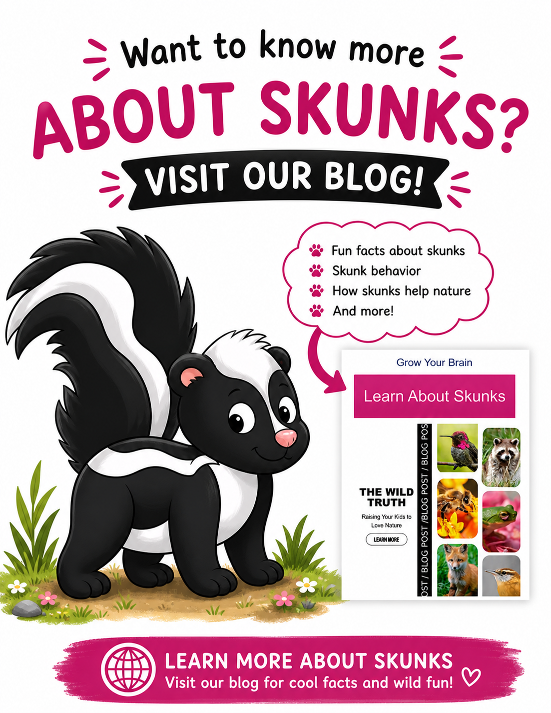 Poster of a cartoon skunk with “Want to know more about skunks? Visit our blog!” text and website link.