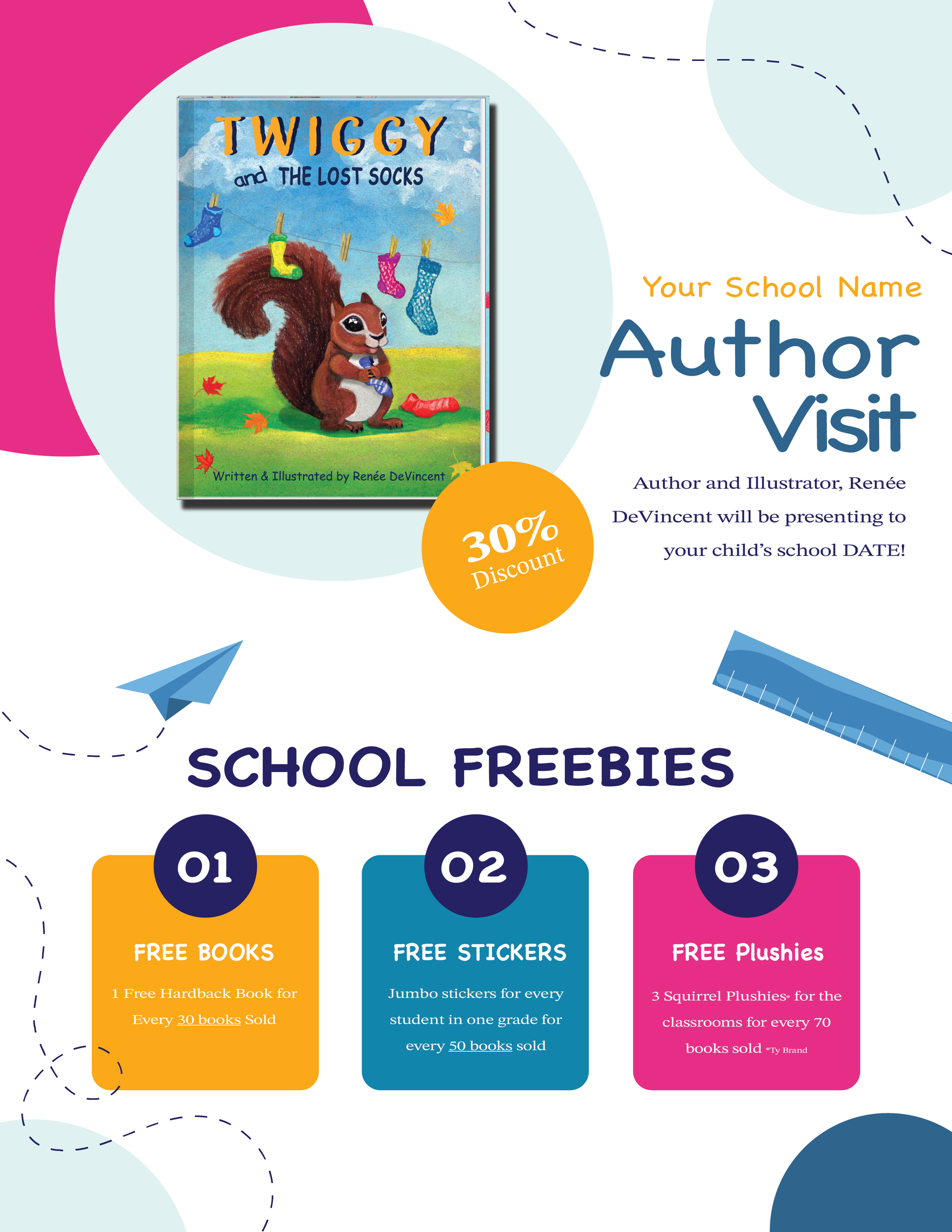 Flyer for author visit with book cover, squirrel, school freebies, and 30% discount.
