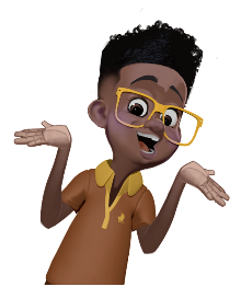 Cartoon boy with glasses shrugs, palms up, smiling, wearing an orange polo shirt.