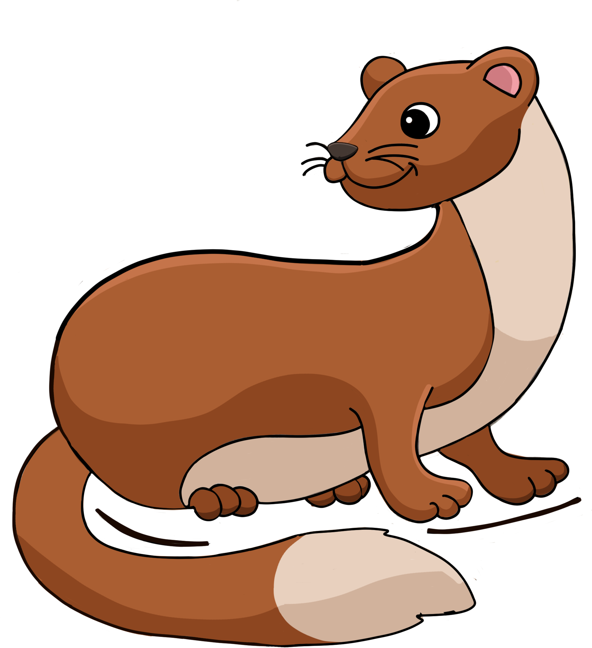 Cartoon weasel with brown fur and white underbelly, looking to the side.