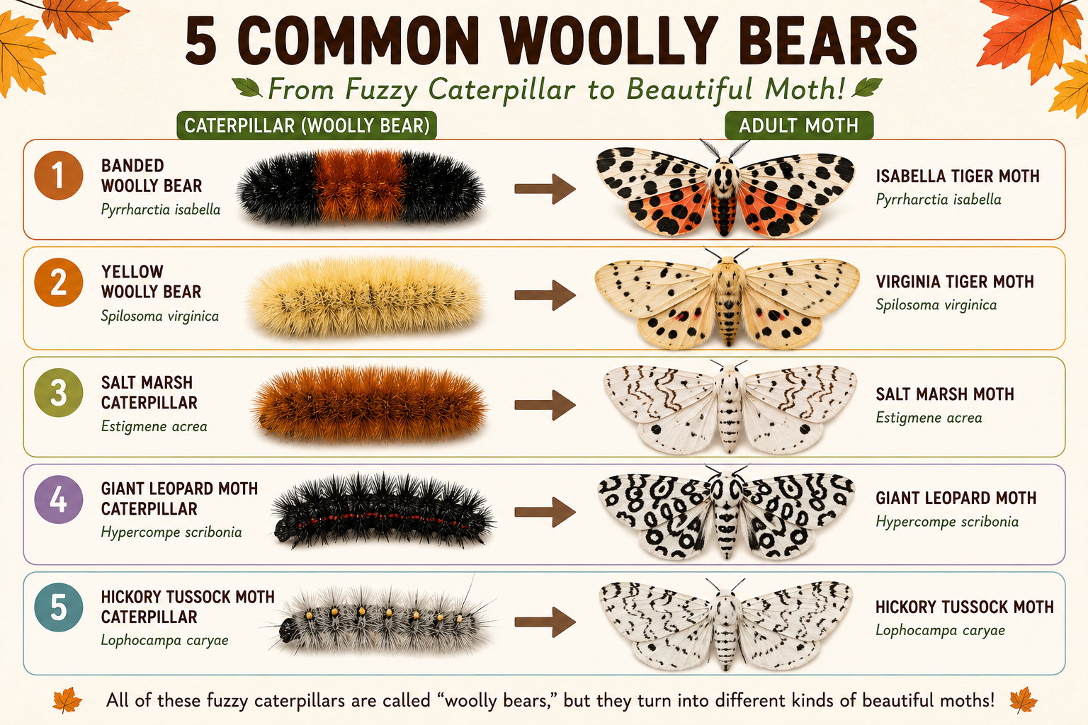 Infographic showing 5 woolly bear caterpillar types with photos and adult moth comparisons